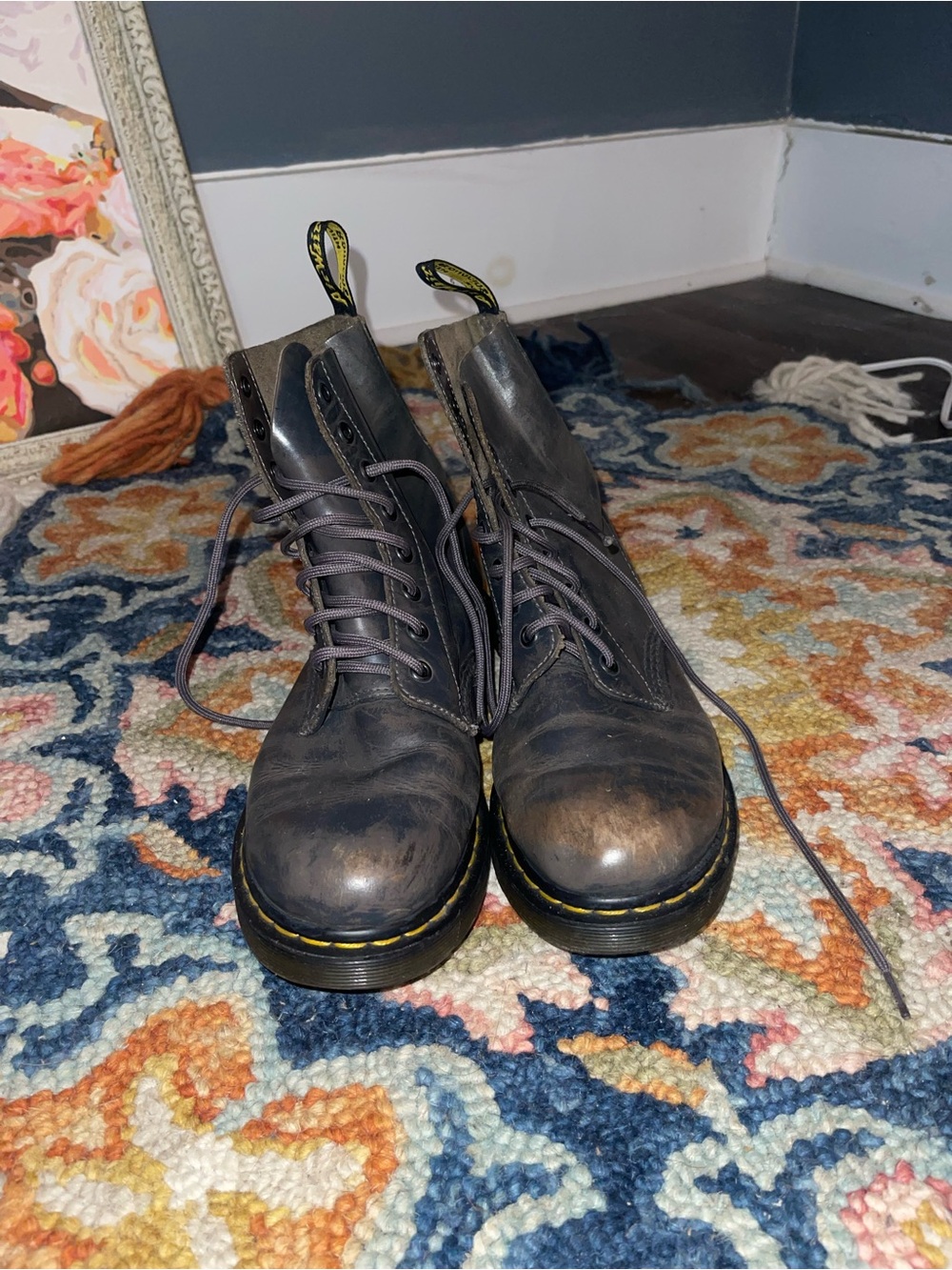 Dr. Martens Black Leather Lace-Up Boots with Yellow Stitching